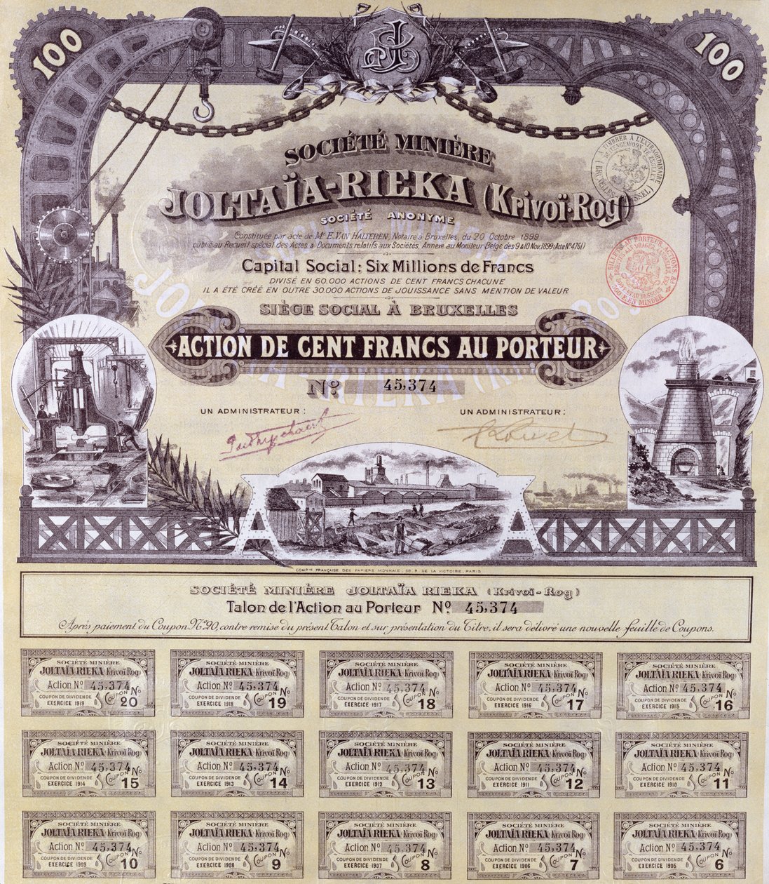 Świadectwo akcji na 100 franków dla francusko-rosyjskiej spółki wydobywczej Joltaia-Rieka, 1899 autorstwa French School