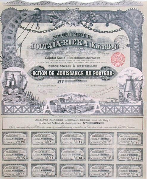 Świadectwo udziałowe dla francusko-rosyjskiej spółki wydobywczej „Joltaia-Rieka” autorstwa French School