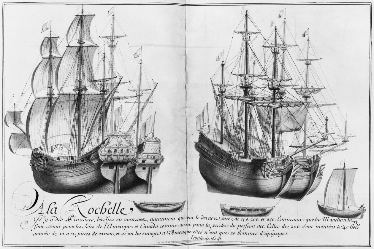 Statki znane jako „pinasses”, La Rochelle, ilustracja z „Desseins des differentes manieres de dishes… from Nantes to Bayonne…”, 1679 (ołówek i toaleta na papierze) autorstwa French School