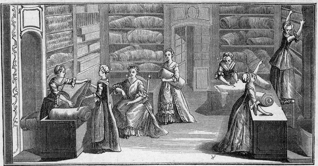 Sklep „kupca mody” w XVIII wieku. Grawerowanie w „La Marine et les colonies: commerce” autorstwa French School