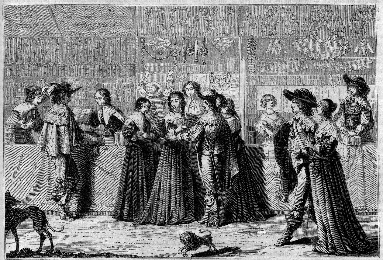 Sklepy w Galerie du Palais (Paryż), połowa XVII wieku. Od lewej do prawej: księgarnia, sklep z pasmanterią oraz sklep z ogonami, rękawiczkami i koronkami. Grawer Foulquier w „”Le Magasin malownicze”” autorstwa French School