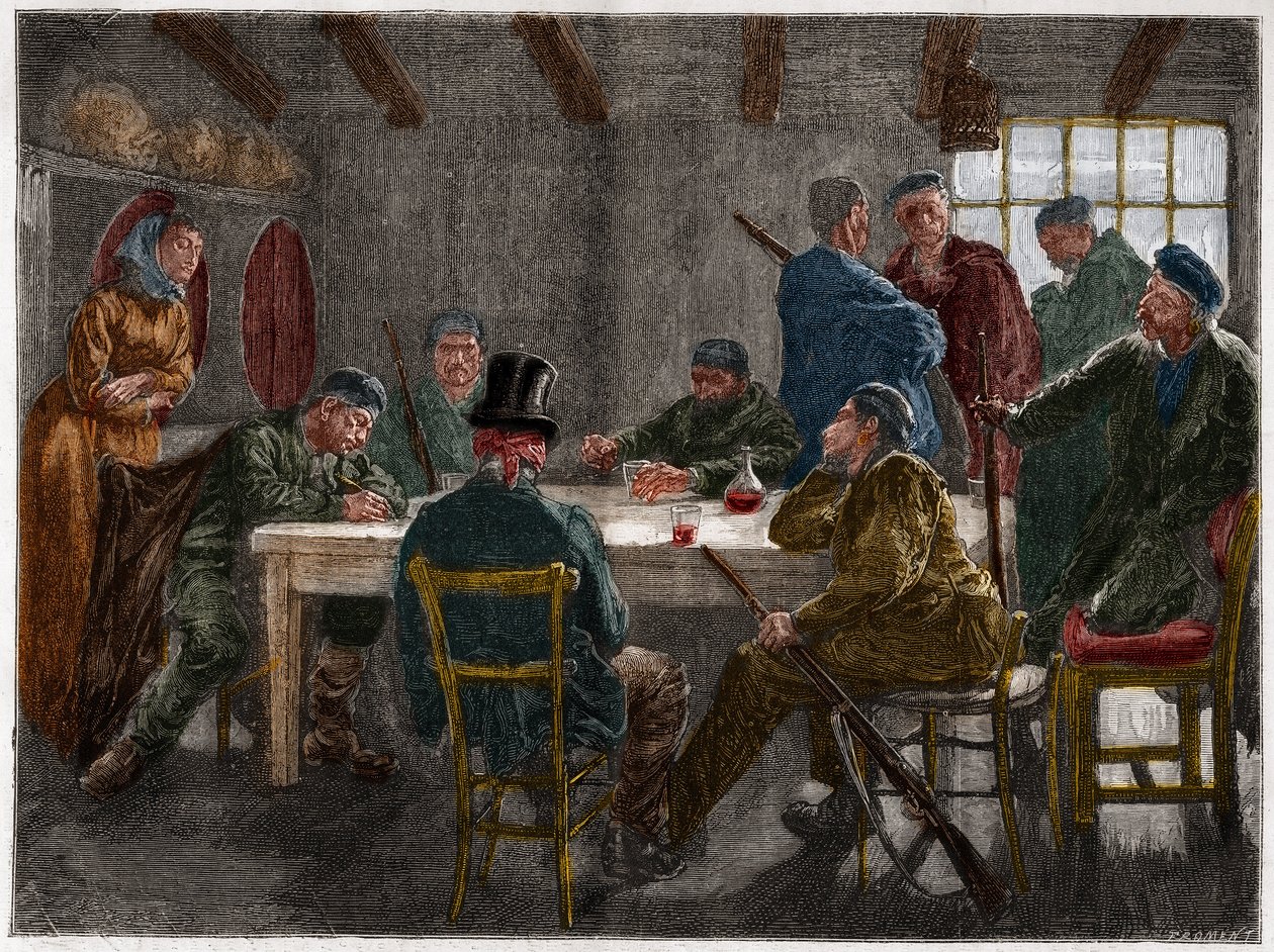 Sycylijska mafia w XIX wieku: Przesłuchanie właściciela ziemskiego zniesionego przez sycylijskich mafiosów w 1873 roku. Rycina z 1873 roku. autorstwa French School