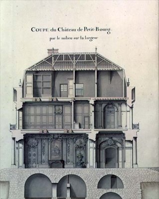 Przekrój boczny przez centrum Chateau de Petit-Bourg, ukazujący salon autorstwa French School