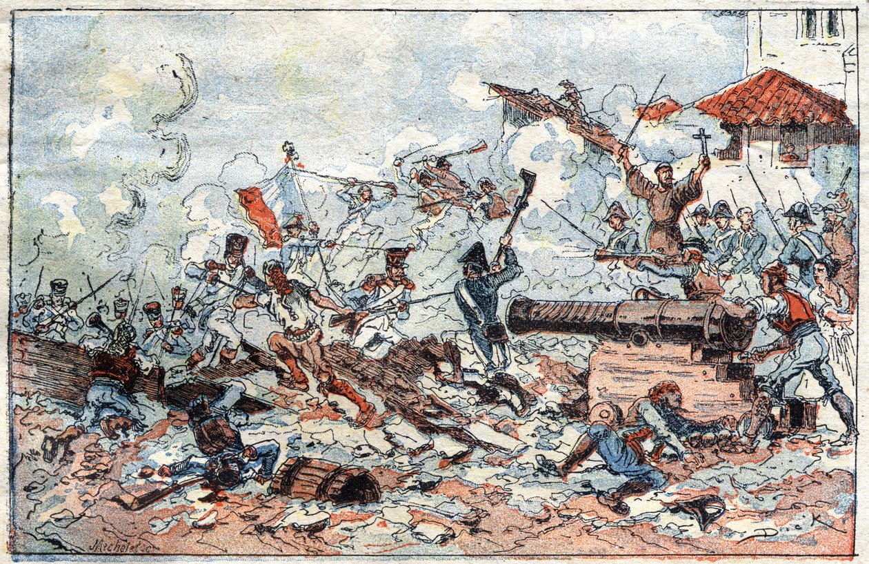 Oblężenie i zdobycie Saragossy w Hiszpanii w lutym 1809 przez wojska napoleońskie. Rycina XIX wieku. autorstwa French School