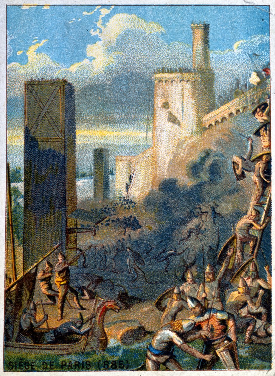Oblężenie Paryża (885) przez Normanów (Wiking). Chromolitografia z cyklu „Wychowanie patriotyczne przez obraz”. autorstwa French School