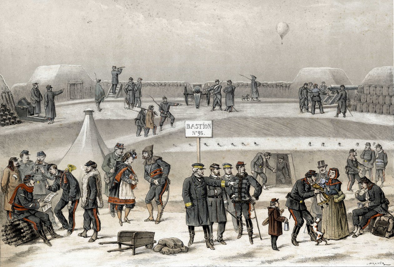 Oblężenie Paryża w 1870 r. podczas wojny 1870-1871. Żołnierze przygotowują obronę miasta: w bunkrze widać żołnierza. autorstwa French School