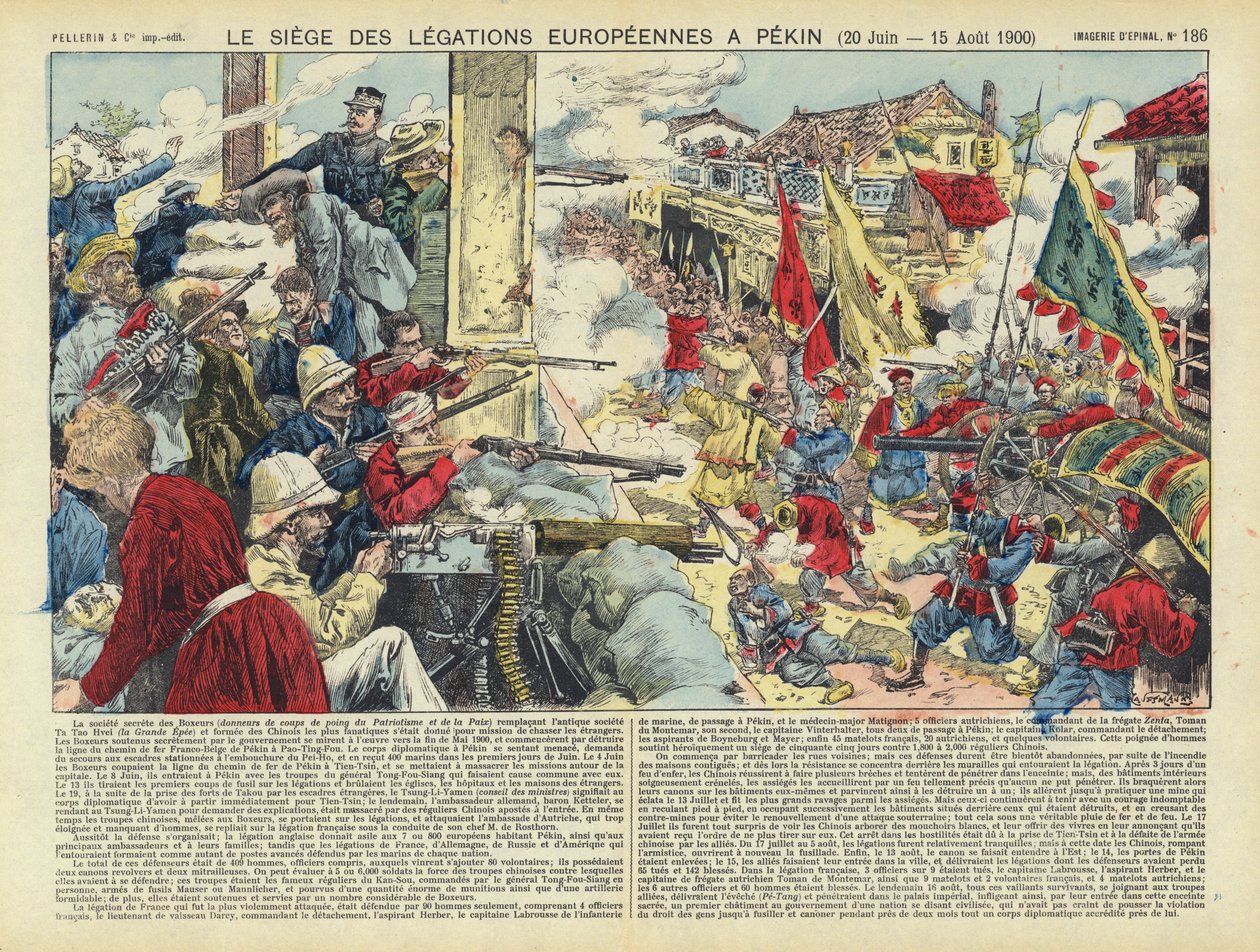 Oblężenie europejskich przedstawicielstw w Pekinie, rebelia bokserów, Chiny, 20 czerwca - 15 sierpnia 1900 r. (kolorowa litografia) autorstwa French School