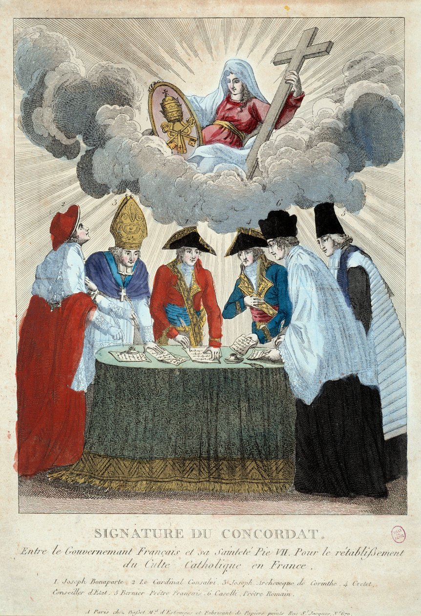 Podpisanie konkordatu z 1801 r. w dniu 15.07.1801 r.: jest on podpisany między rządem francuskim (tu reprezentowanym przez Josepha Bonaparte) a Saint Siege (reprezentowanym przez kardynała Consalvi za papieża Piusa VII). 1801 Paryż, Muzeum Carnavalet autorstwa French School