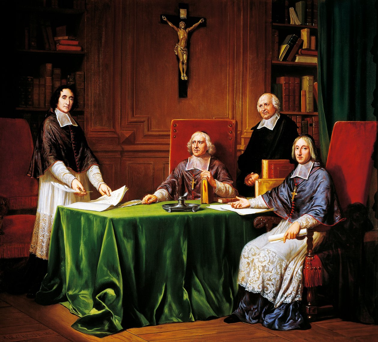 Podpisanie artykułów z konferencji Issy, która odbyła się w 1697 r. pomiędzy Jacques Benigne Bossuet (biskup Meaux), Louis-Antoine Noailles (biskup Chalons) Francois Fenelon (arcybiskup Cambrai) autorstwa French School