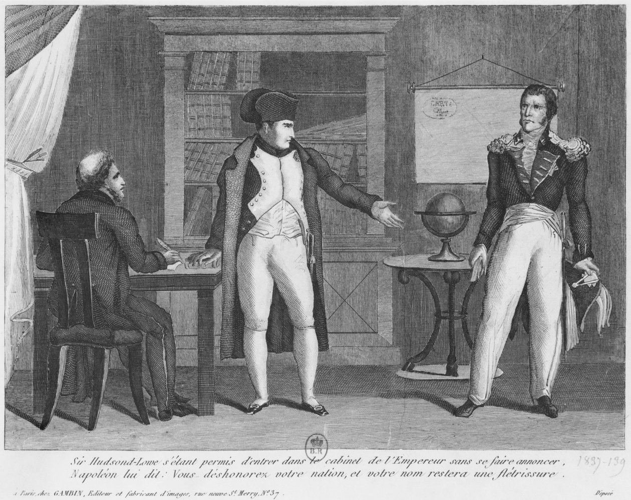Sir Hudson Lowe przybywający w gabinecie Napoleona I (1769-1821) na wyspie Św. Helena bez zapowiedzi autorstwa French School