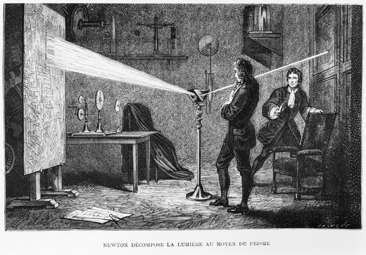 Sir Isaac Newton (1642-1727) rozbijający światło przez pryzmat, ilustracja z La Vie des Savants Illustres autorstwa Louisa Figuiera, 1868 autorstwa French School