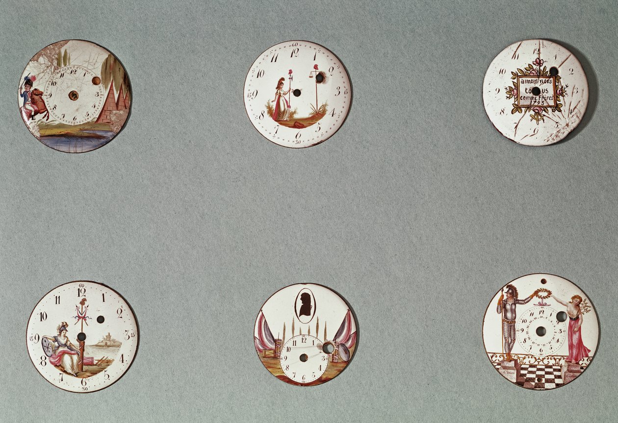 Sześć zegarków kieszonkowych ozdobionych symbolami rewolucji (metal i emalia) autorstwa French School