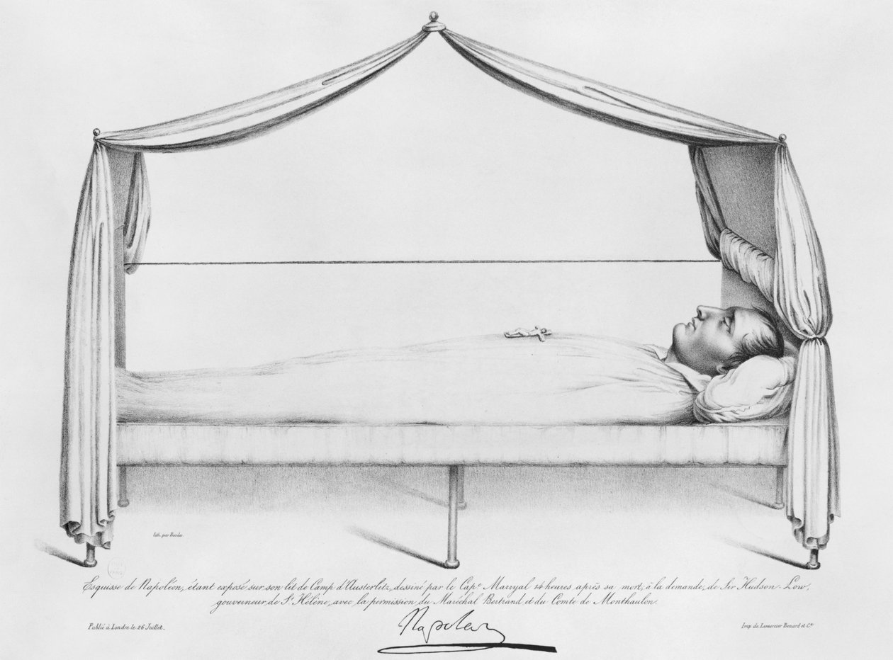 Szkic Napoleona I (1769-1821) na łożu śmierci narysowany na Św. Helenie przez Kapitana Marryala, sztychowany przez Bordesa, 5 maja 1821 autorstwa French School