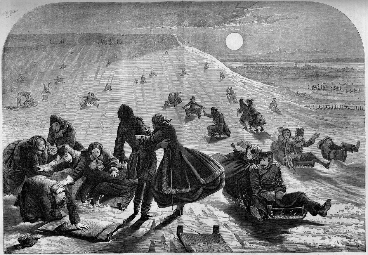 Zjeżdżanie na sankach w Montrealu, Kanada, zima 1859. Grawer „”Le Monde Illustré””n°98 z 26 lutego 1859. autorstwa French School