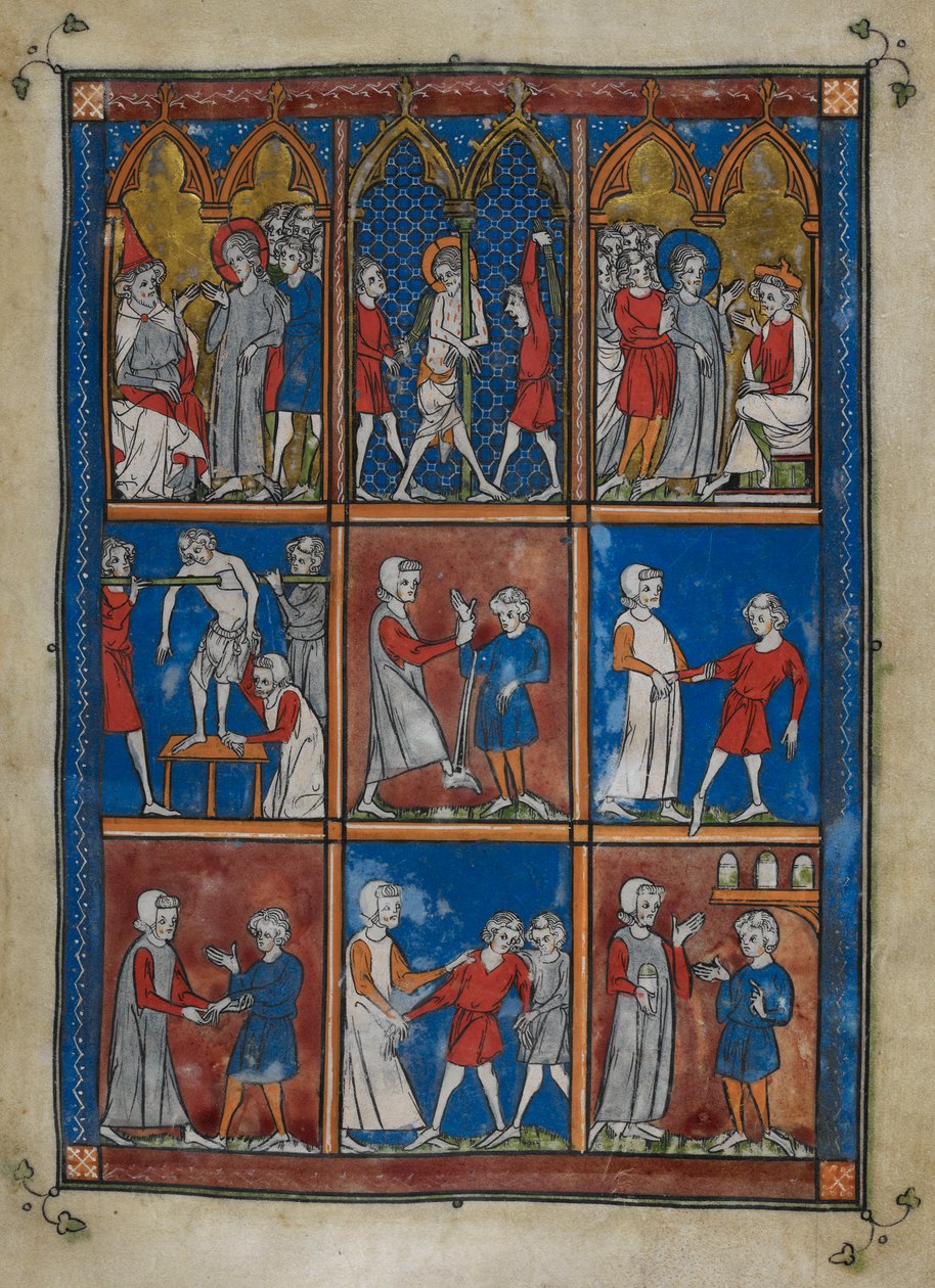 Sloane MS 1977 fol.6r Dziewięć miniatur przedstawiających sceny biblijne i medyczne. Powyżej Chrystus przed Kajfaszem i Piłatem; biczowanie. Centrum i poniżej, lekarze leczący pacjentów z powodu złamań kości i innych dolegliwości autorstwa French School