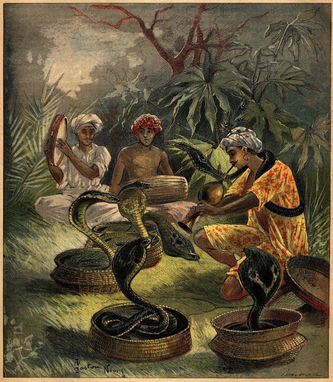 Zaklinacze węży (kobry) w Indiach. Grawer w „La Terre Illustree” nr 94 z 18 sierpnia 1892 r. autorstwa French School