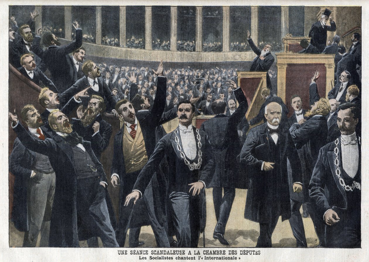 Socjaliści śpiewają Międzynarodówkę w Izbie Deputowanych we Francji w środku sesji w obecności Georgesa Clemenceau (1841-1929) - „Le Petit Journal”, maj 1909 (rycina) autorstwa French School