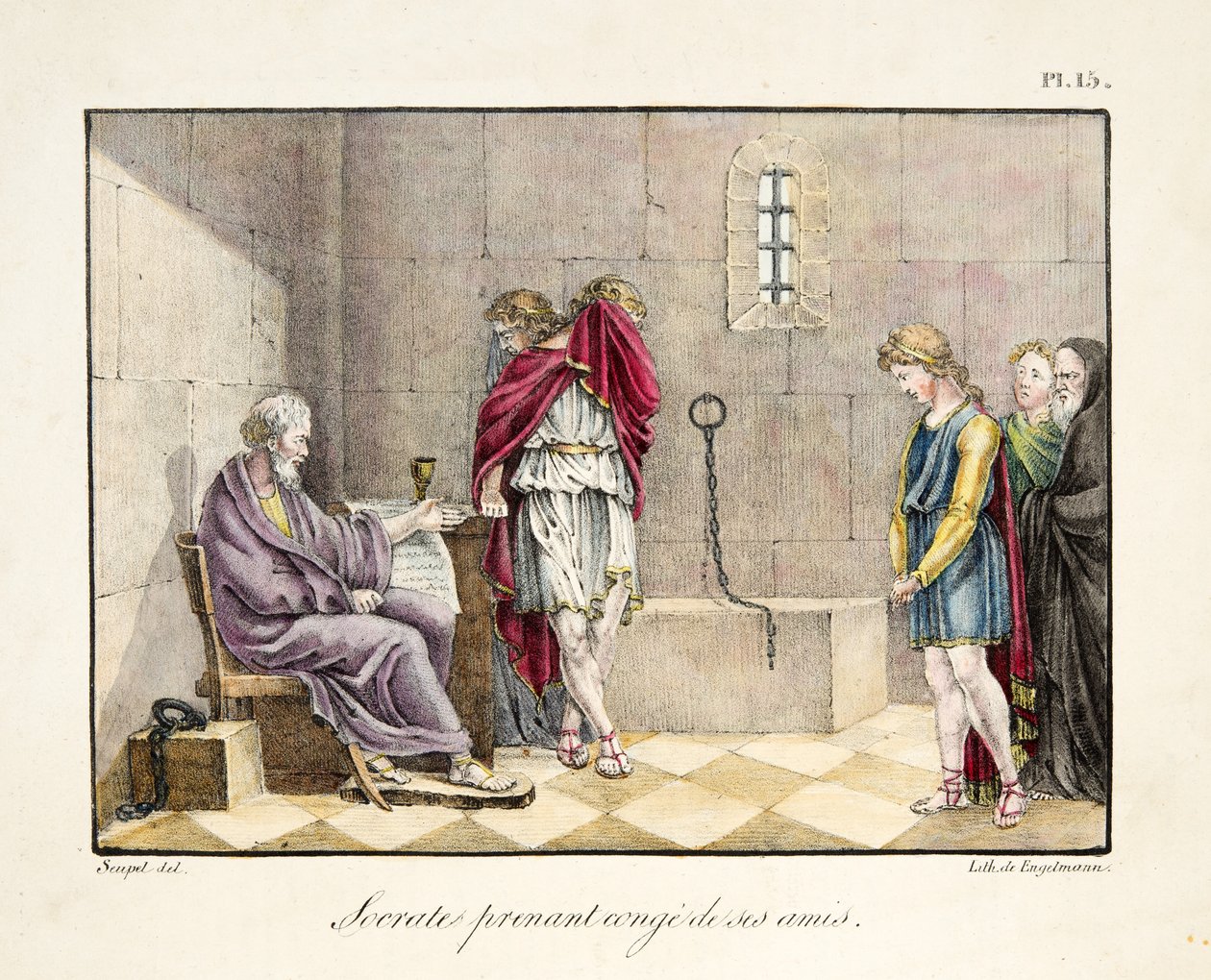 Sokrates żegnający się z przyjaciółmi, wyd. Engelmann, c.1835 (ręcznie kolorowane grawerowanie)) autorstwa French School