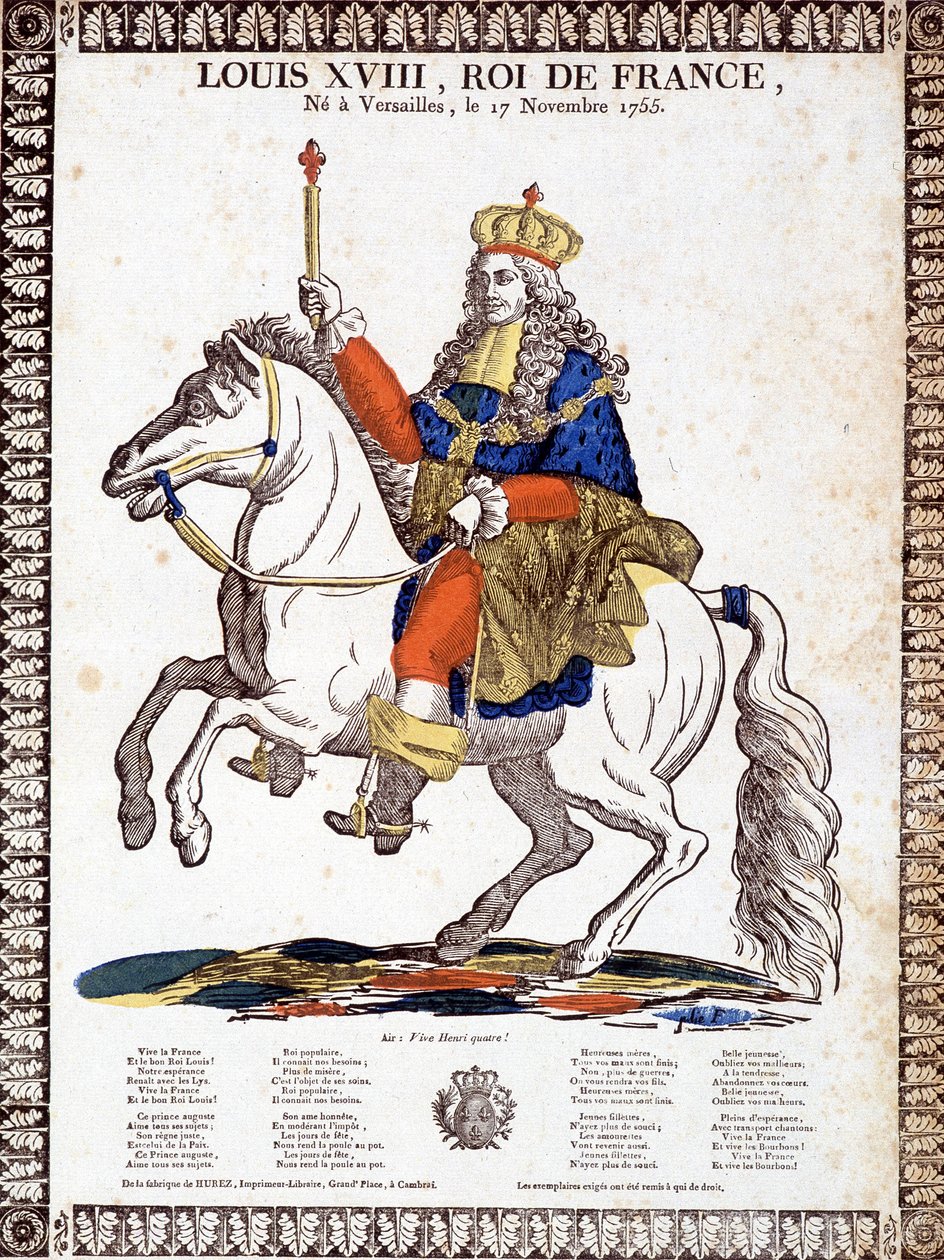 Pieśń na cześć króla Francji Ludwika XVIII, zilustrowana konnym portretem króla (rycina) autorstwa French School