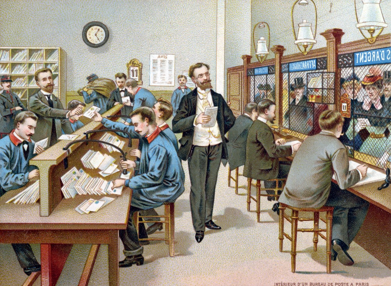 Sortowanie poczty w paryskim urzędzie pocztowym, ilustracja z kalendarza pocztowego, 1904 autorstwa French School