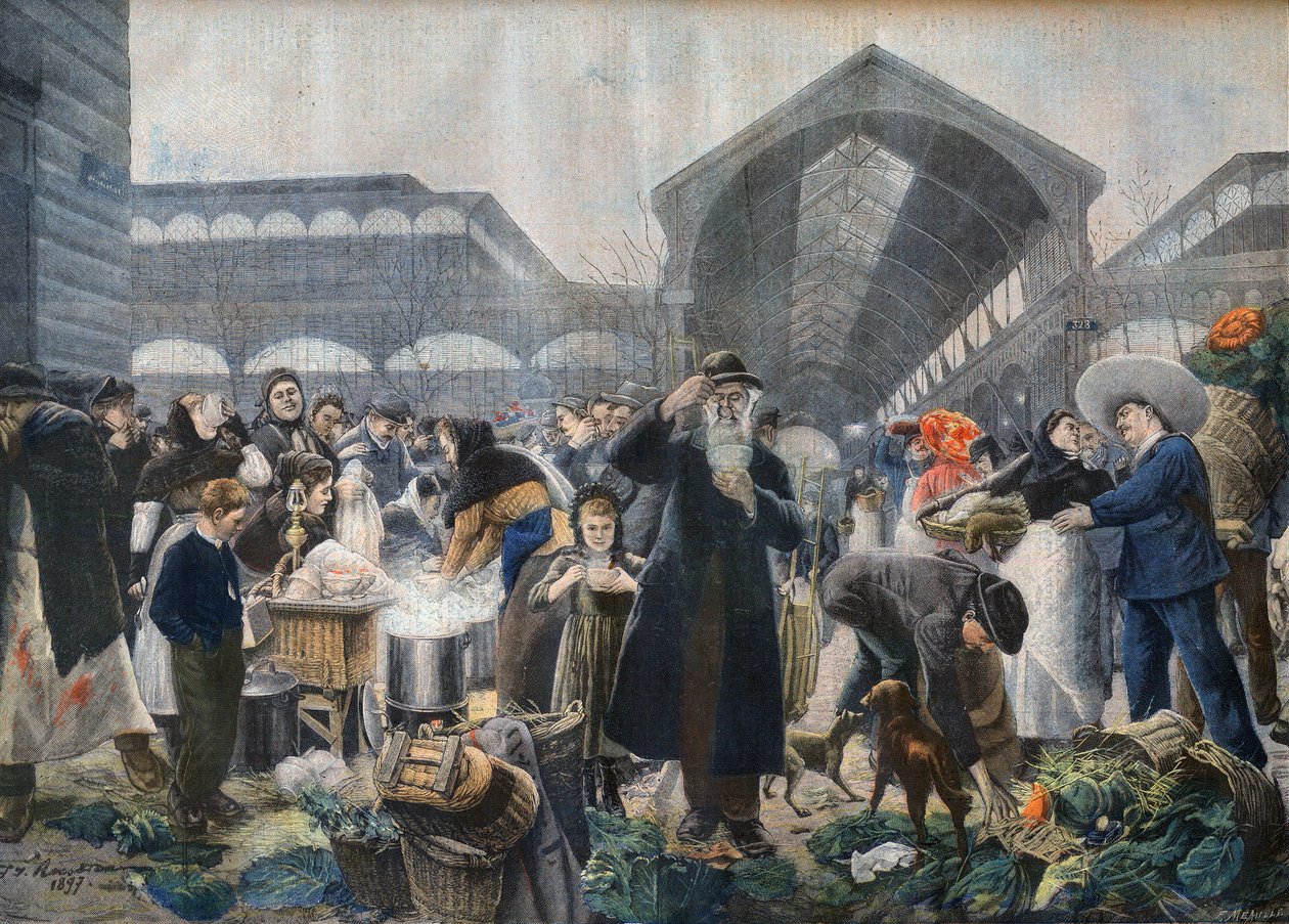 Stoisko z zupą na targu Les Halles rano, ilustracja z „Le petit Journal”, 2 marca 1897 - la soup aux Halles le matin w Paryżu - rycina Fortune-Louis Meaulle wg Jeana Jacquesa Rousseau (1861-1911) autorstwa French School