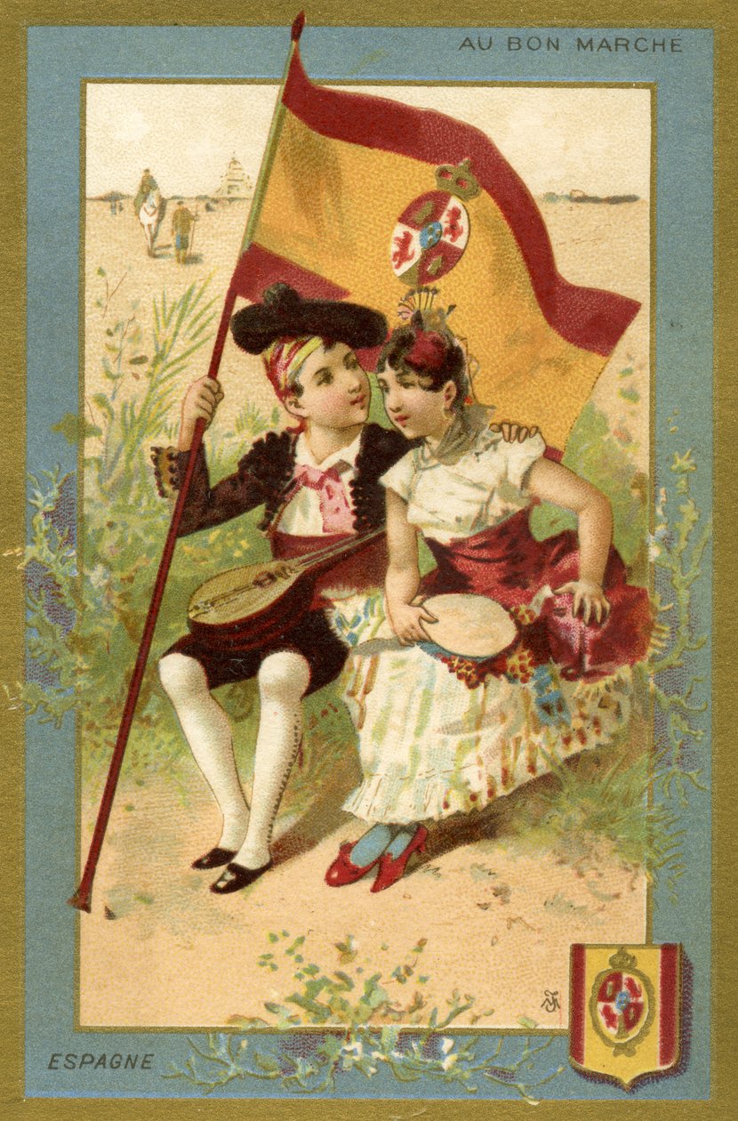 Hiszpański chłopiec i dziewczynka, z serii ilustracji dzieci z różnych krajów, wyprodukowanych jako karty promocyjne dla Domu Towarowego Bon Marché w Paryżu, ok. 1890 autorstwa French School