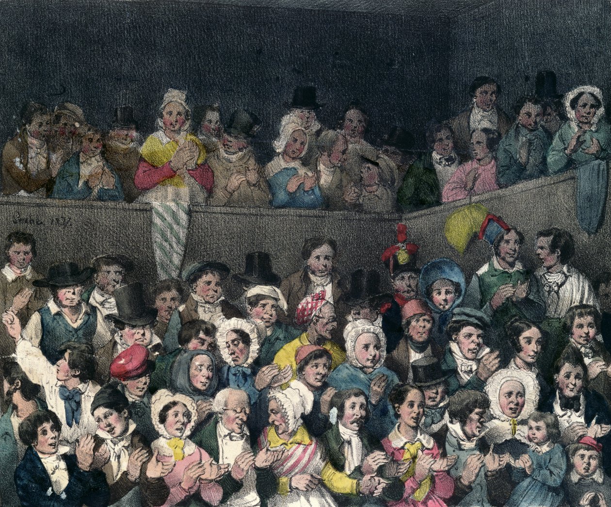Widzowie klaszczący w teatrze, ryciny Benarda i Freya, 1837 autorstwa French School