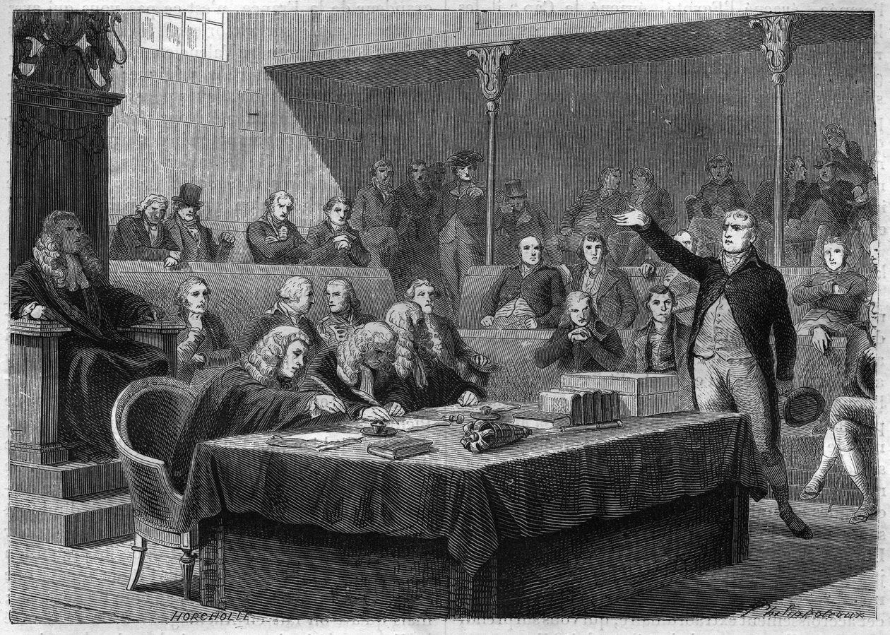 Przemówienie Depute Foxa do parlamentu Anglii na temat francuskiej inwazji na Szwajcarię, listopad 1802 - Rycina z „Histoire du Consulate et de l