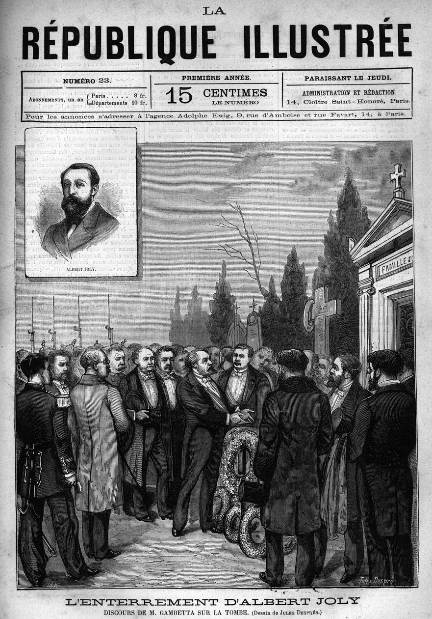 Przemówienie Leona Gambetty (1838-1882) podczas pochówku posła Alberta Joly (1844-1880) na cmentarzu w Wersalu. Gazeta. Rycina z 1880 r. w prywatnej kolekcji „La republique illustree”. autorstwa French School