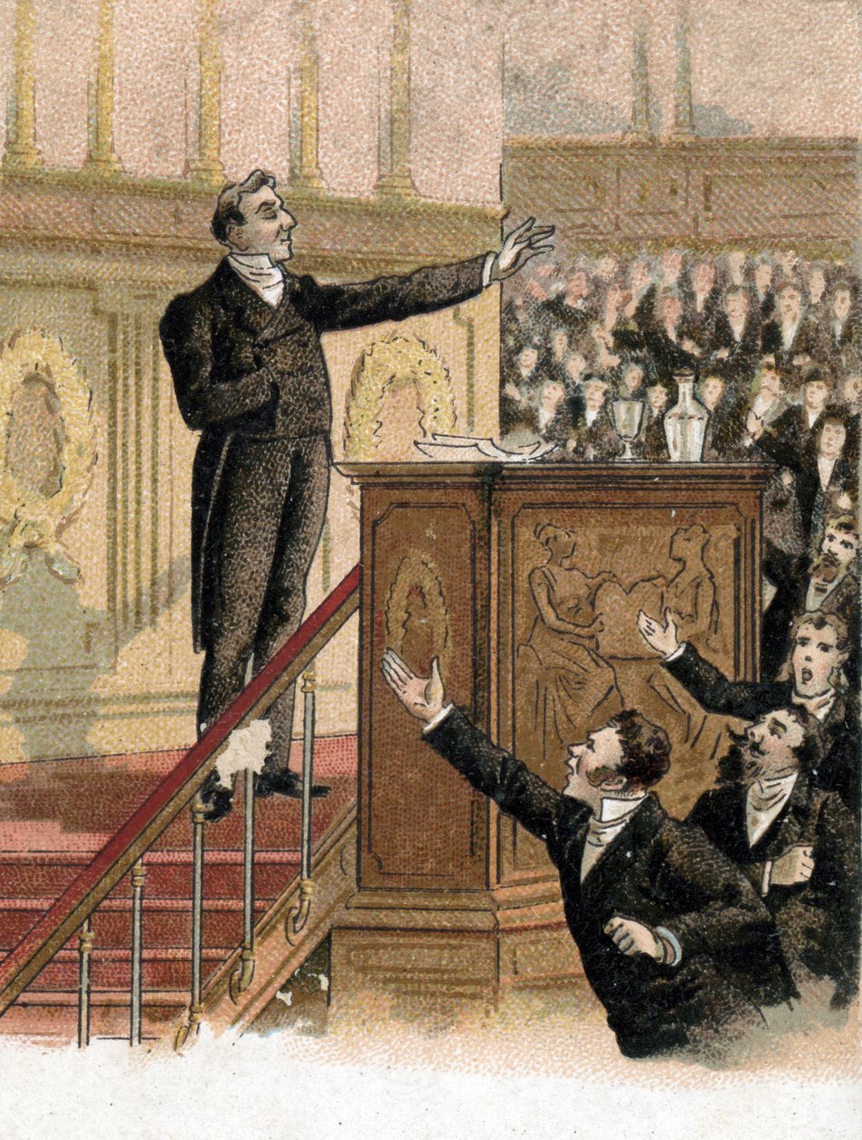 Przemówienie ministra spraw zagranicznych Francois Guizota (1787-1874) do izby poselskiej naprzeciw opozycji potępiające jego politykę zagraniczną „Możemy mnożyć obelgi i oszczerstwa, możemy je nakładać do woli, nigdy ich nie podniesiemy do t autorstwa French School
