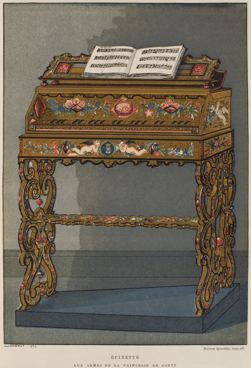 Spinet z herbem księżnej Conti, ilustracja z Dictionnaire de lameublement et de la decoration autorstwa Henry
