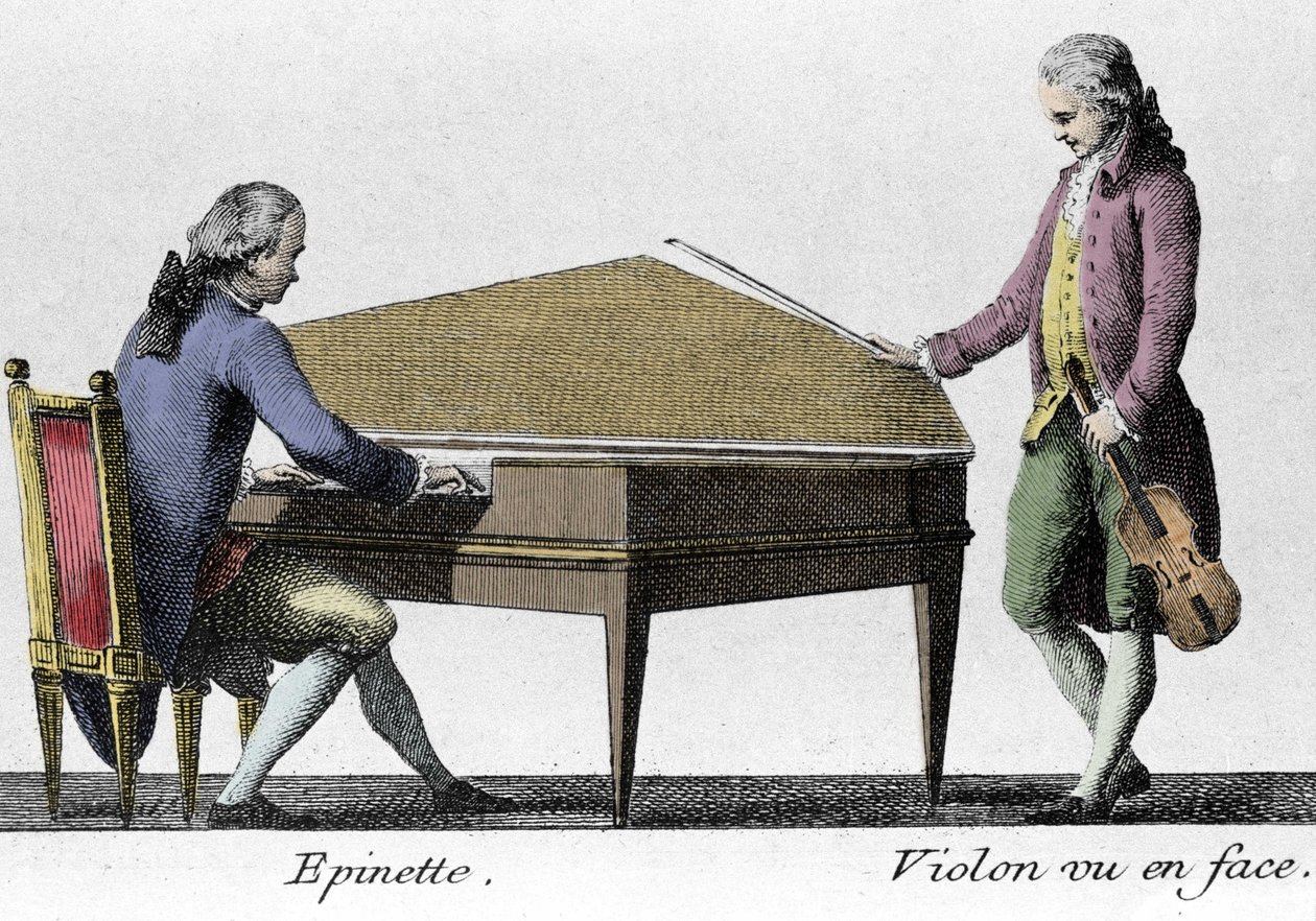 Spinette i skrzypek. Rycina z końca XVIII wieku. autorstwa French School