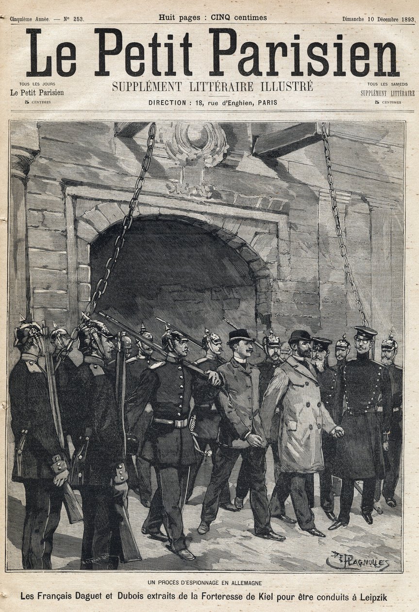 Proces szpiegowski w Niemczech: francuski Daguet i Dubois wywiezieni z twierdzy Kilonia do Lipska. Jedna z gazet „Le petit Parisien”” 12.10.1893 (rycina) autorstwa French School