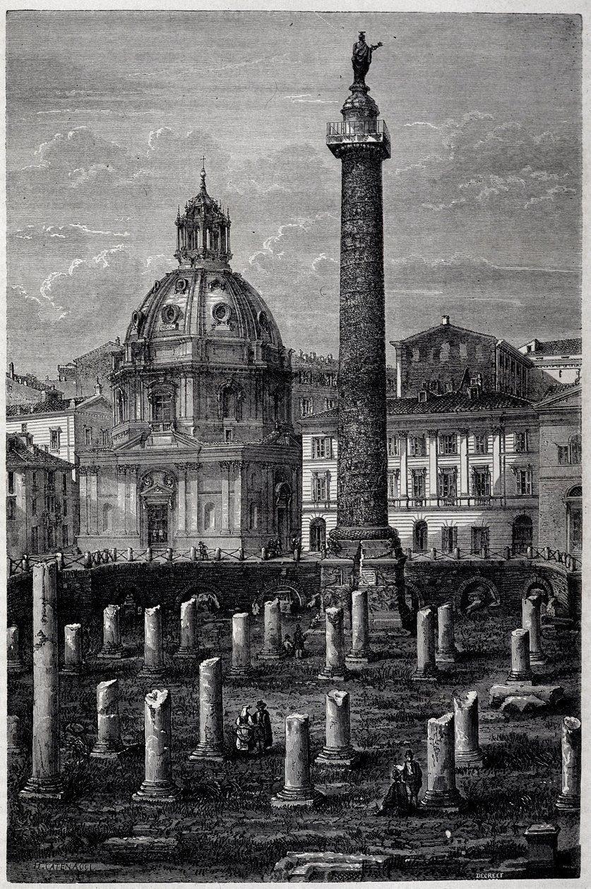 Plac i kolumna Trajana (kolumna Trajane) (Colonna Traiana) i Bazylika Ulpiana (podróż Francisa Weya w latach 1864-1868) - w „Tour du Monde” 2 tydzień 1869 autorstwa French School