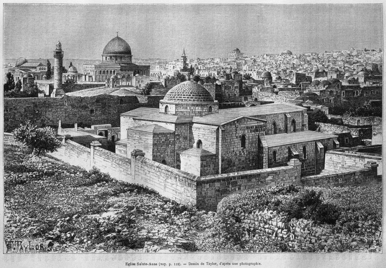 Kościół św. Anny i Kopuła na Skale, Wzgórze Świątynne, z dzisiejszej Syrii. Podróżuje po Fenicji, Libanie i Judei. 1875-1880 Louis Charles Emile Lortet, 1884 (bw grawerowanie) autorstwa French School