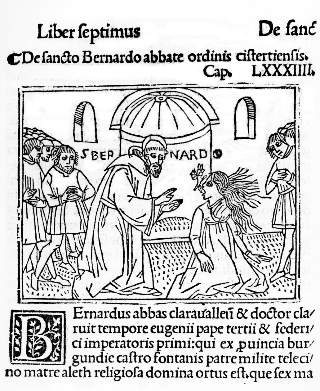 Św. Bernard z Clairvaux egzorcyzmuje opętaną kobietę, ilustracja z La Vie des Saints opublikowana 1506 autorstwa French School