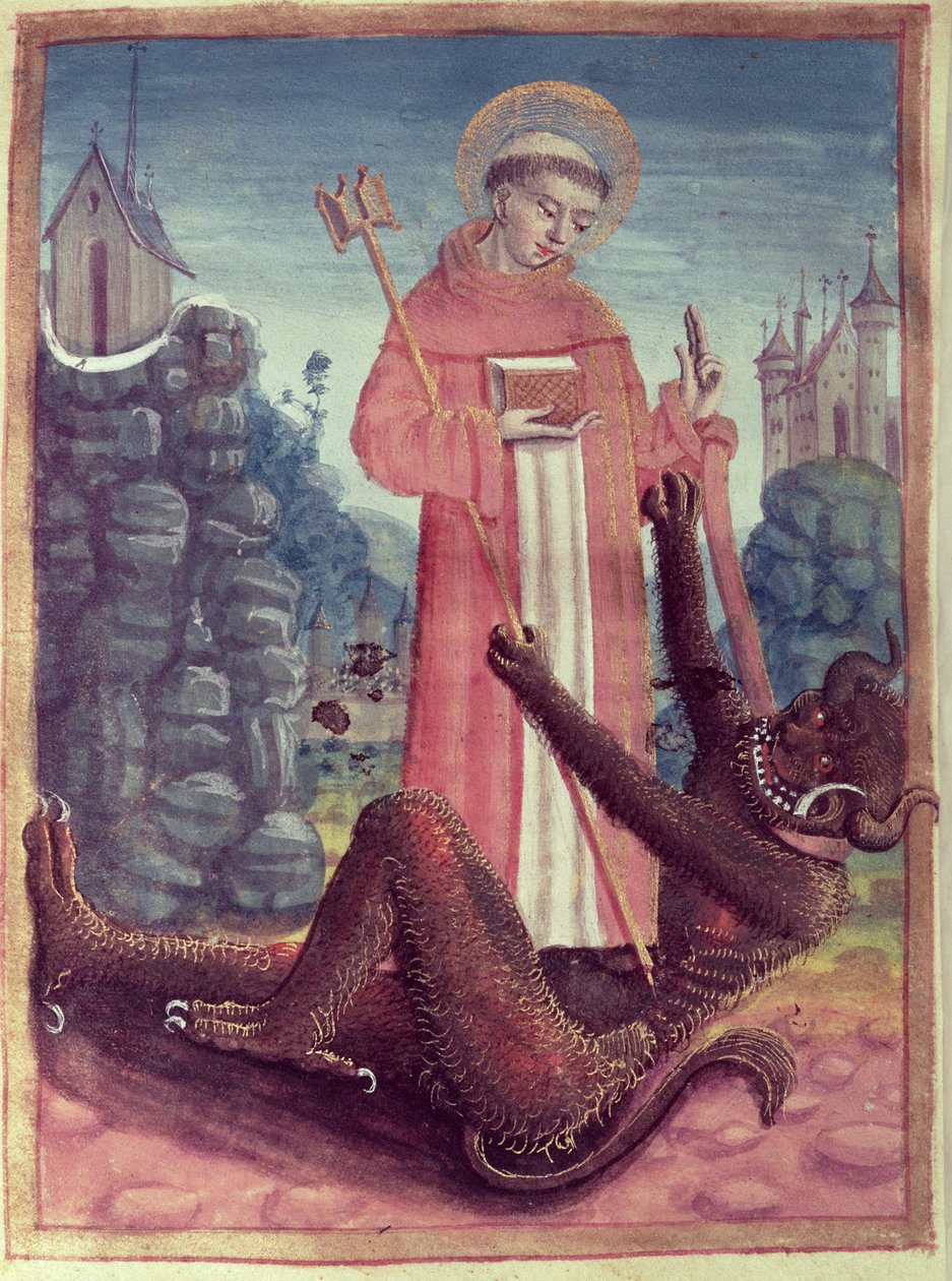 Św. Bernard z Mentonu (923-1008) Pokonując demona, z Księgi Godzin, 1490 autorstwa French School