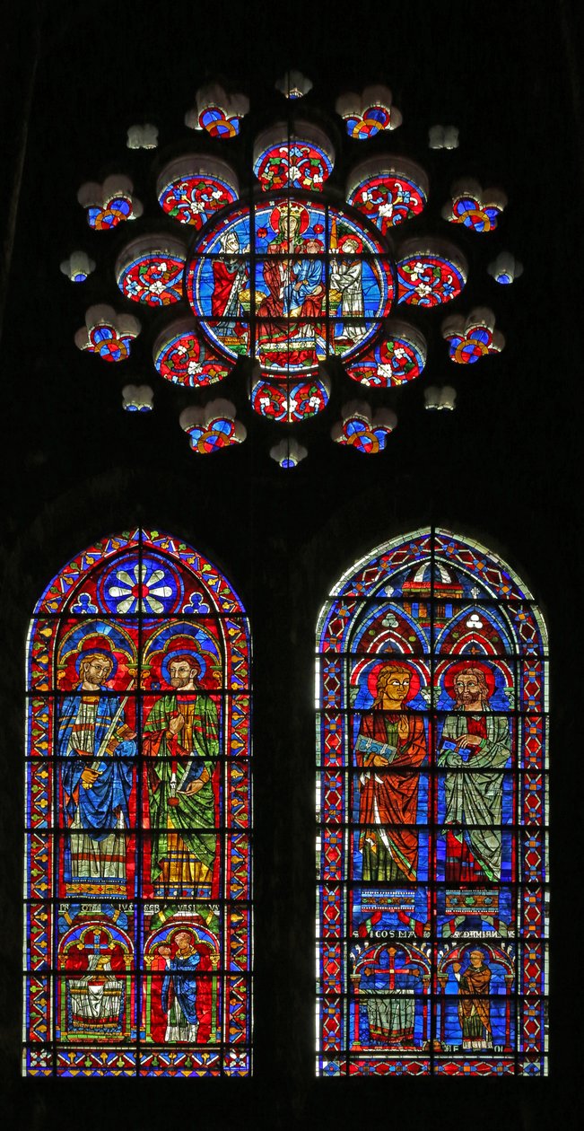 św. Kosmos, św. Damien, św. Gervais i Proteus; kapłani darczyńcy; Dziewica i Dziecko powyżej (w120) autorstwa French School