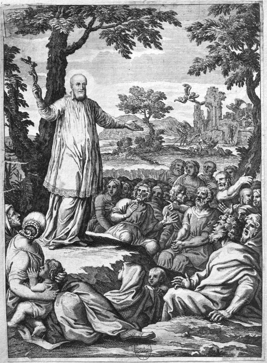Św. Franciszek Salezy (1567-1622) nauczający heretyków z Chablais (rycina) (zdjęcie bw) autorstwa French School