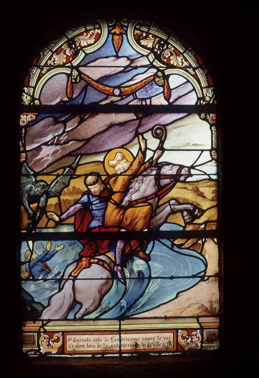 St Guenolé, opat Landévennec, ratuje króla Gralona podczas powodzi w mieście Ys - witraże kościoła St Germain w Kerlaz autorstwa French School