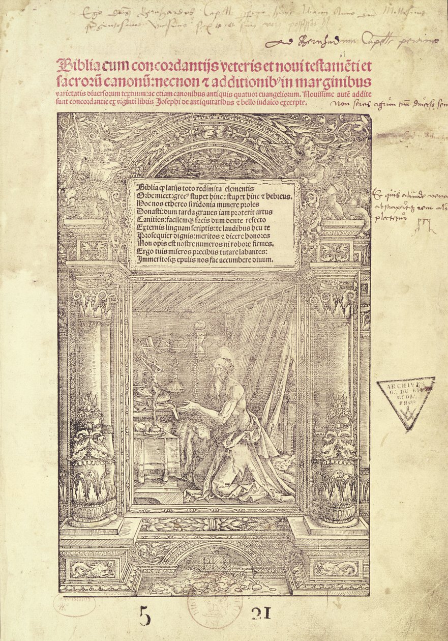 Św. Hieronim w swoim Studiolo, strona tytułowa Biblii, druk J. Marion, Lyon, 1521 autorstwa French School