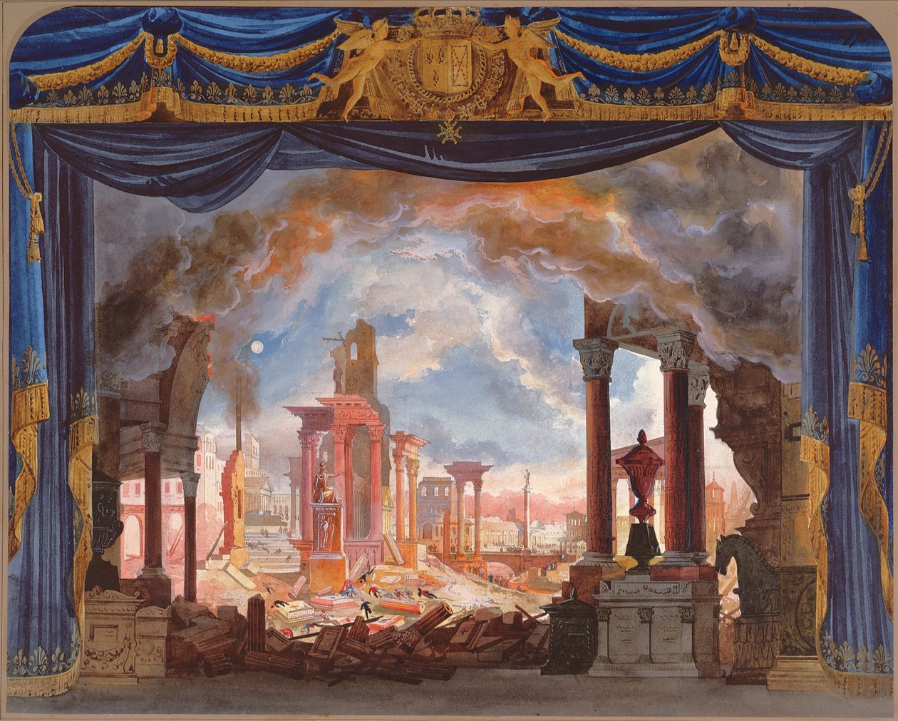 Scenografia do III aktu Le Siege de Corinthe autorstwa Rossiniego (wc na papierze) autorstwa French School