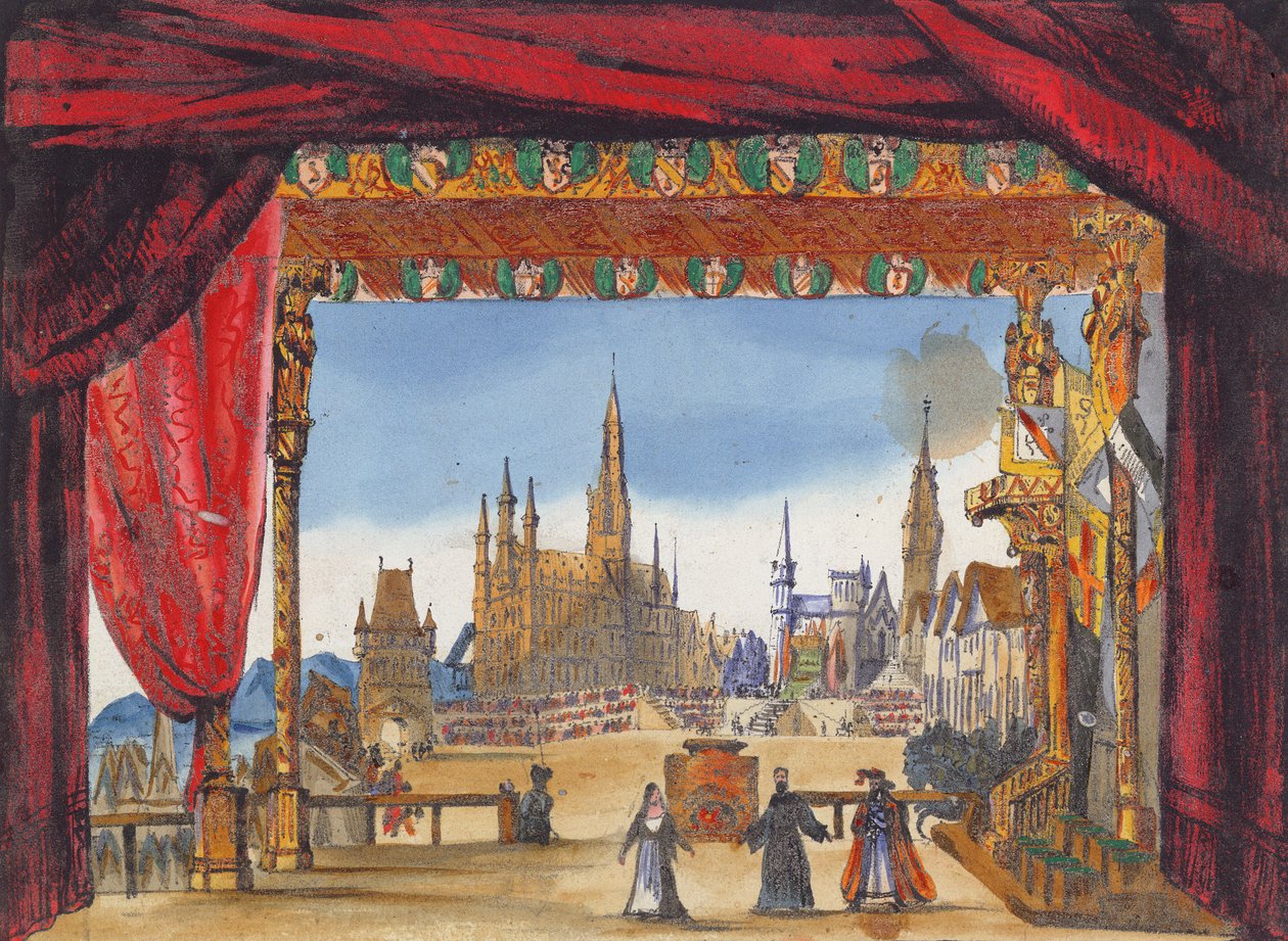 Scenografia do V aktu La Juive, po raz pierwszy wystawiona w Operze Paryskiej 23 lutego 1835 (wc na papierze) autorstwa French School