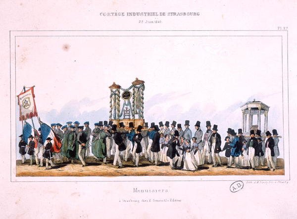 Początek procesji cieśli w Strasburgu, 25 czerwca 1840 (kolor lito) autorstwa French School