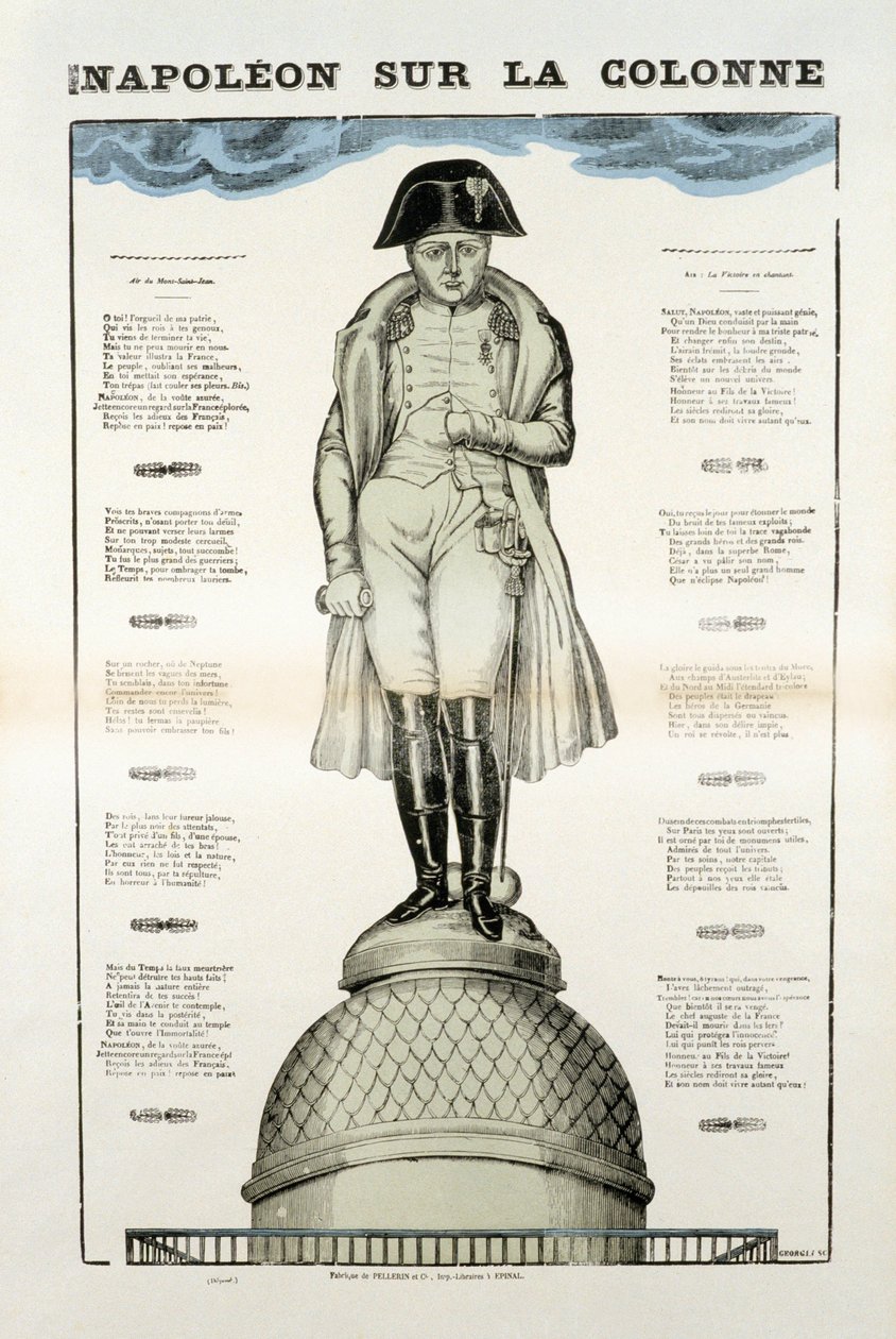 Pomnik Napoleona I Bonaparte (1769-1821) na kolumnie Vendome w Paryżu. Obraz Epinal autorstwa French School