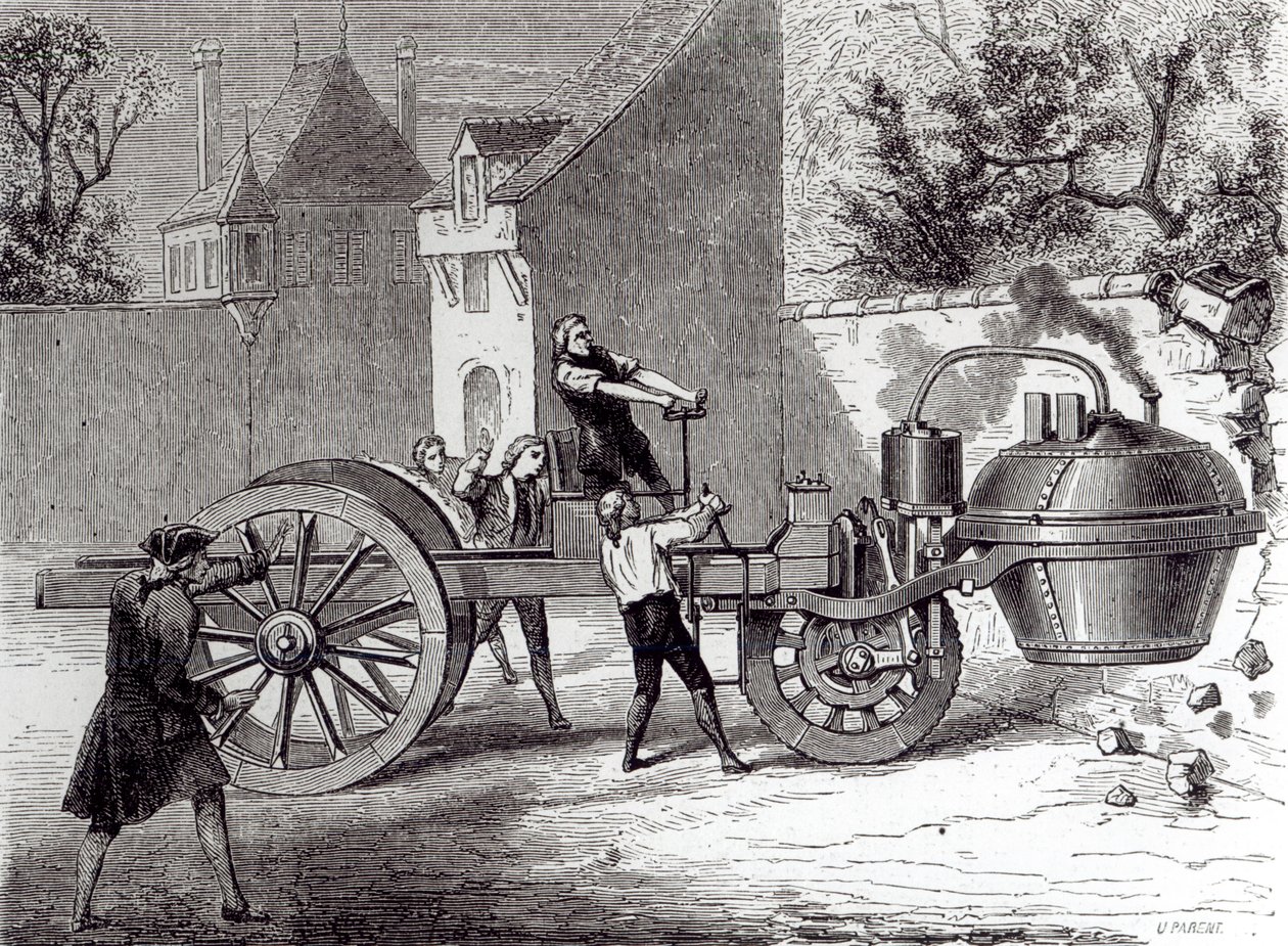 Samochód napędzany parą wynaleziony przez Nicolasa Josepha Cugnota (1725-1804) w 1771, 1886 autorstwa French School
