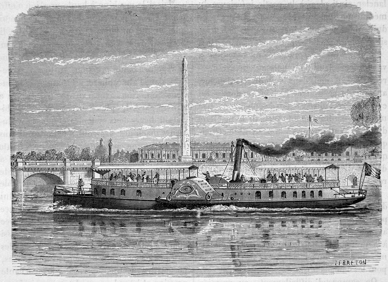 Parowiec (kołowy) przeznaczony do obsługi omnibusa na Sekwanie w Paryżu podczas Wystawy Światowej 1867 - rycina, koniec XIX w. autorstwa French School