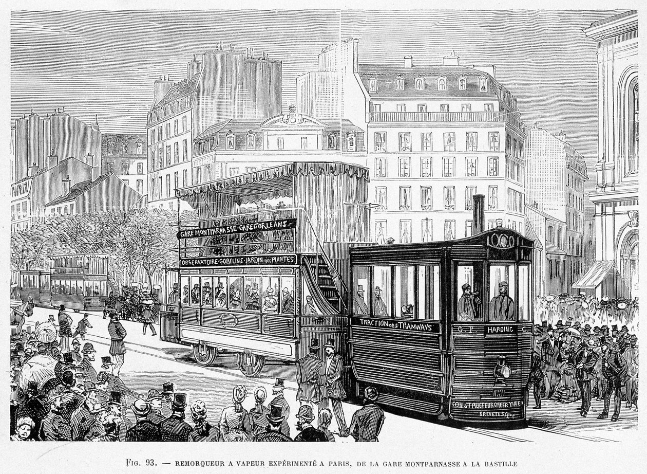 Holownik parowy dla doświadczonych tramwajów w Paryżu, od stacji Montparnasse do Bastylii - w „Nowych zdobyczach nauki” Louisa Figuiera autorstwa French School