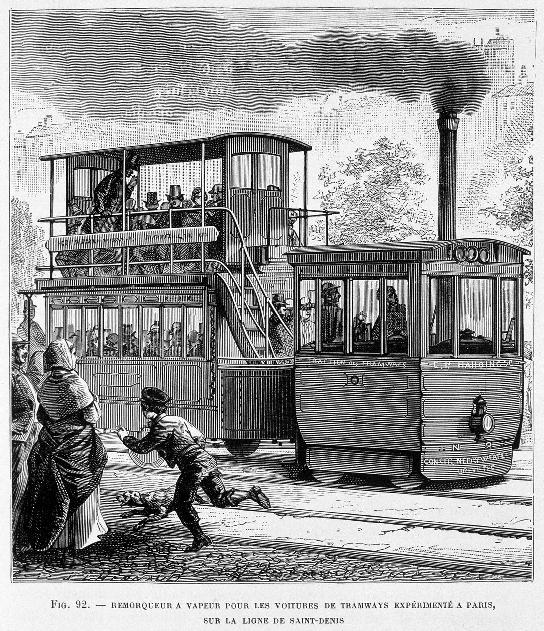 Holownik parowy dla doświadczonych wagonów tramwajowych w Paryżu, na linii Saint-Denis – w „Nowych zdobyczach nauki” Louisa Figuiera autorstwa French School
