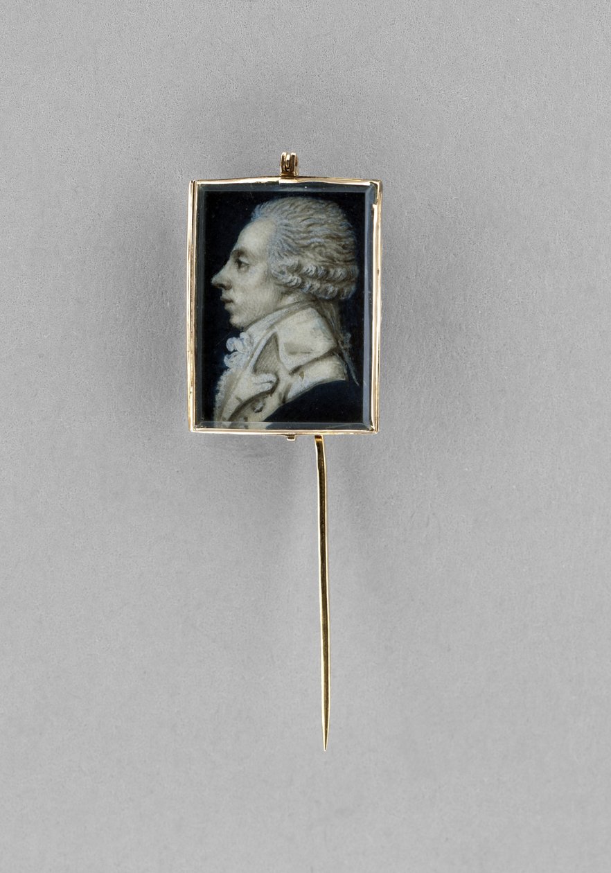 Stickpin z portretem mężczyzny, ok. 1780 (akwarela na kości słoniowej, zaprawie, welinie, 23-karatowym złocie, włosach i szkle) autorstwa French School